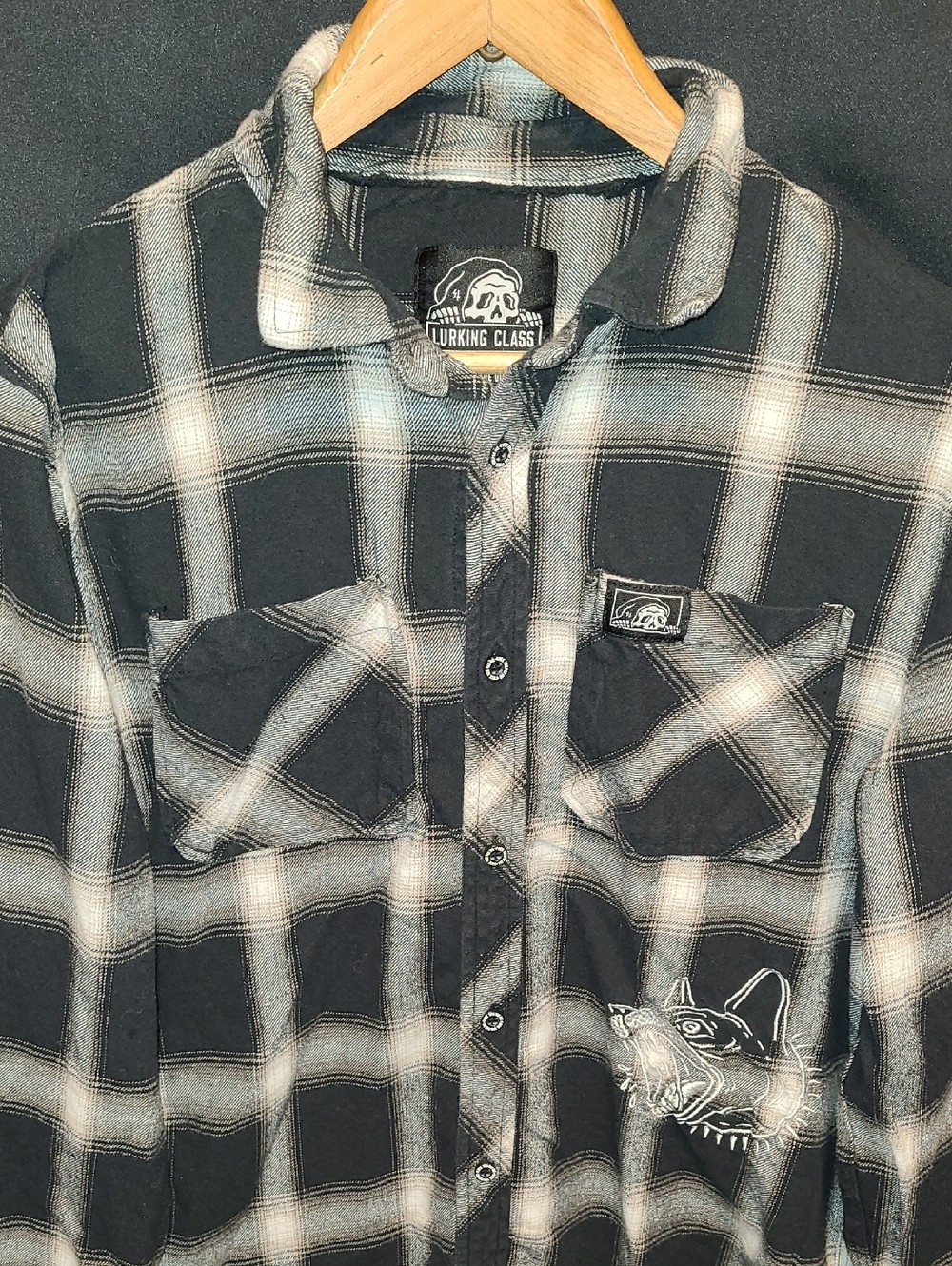 Lurking Class Plaid Flannel Hoodie Button Front Size M Black Street Grunge Skate - Picture 2 of 12
